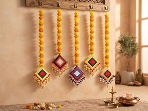 Wholesale Pack Handmade Artificial Marigold Fluffy <b>Flower</b> Garland Colorful Plastic Diamond <b>Mirror</b> Latkan Traditional Home Decor - Product Image 4