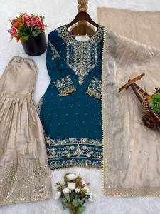 Olive <b>Green</b> <b>Silk</b> Embroidered Traditional Kurti Sharara Set with Net Dupatta Women Ethnic Wedding Wear - Product Image 5