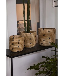 Round seagrass <b>basket</b> with black dots for decoration Handmade <b>Storage</b> <b>Basket</b> Wholesale eco-friendly Made in Vietnam - Product Image 5