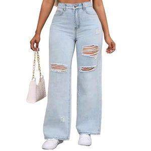 Jeans de mezclilla de cintura media, sencillos, tejidos, lavados, de pierna ancha, desgastados, de ajuste holgado, de largo completo, 100% algodón, casuales de verano para mujer - Product Image 2