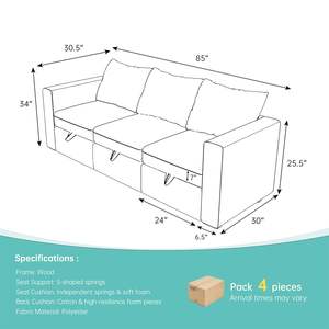 85 \ "L X 30.5 \" W X 34 \ "H struttura in legno convertibile divano letto estraibile 3 posti modulare soggiorno mobili nero - Product Image 2