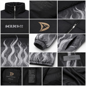 Blouson d'hiver matelassé pour homme Série 02 Imprimé flamme Col montant Coupe-vent Streetwear Coupe ample Rembourrage en polyester Fermeture éclair - Product Image 5