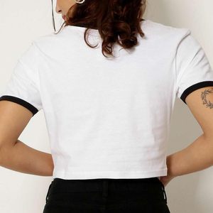 เสื้อยืดครอปแขนสั้นทรงเข้ารูปสำหรับผู้หญิง ผ้าฝ้าย 100% แต่งขอบตัดกัน สไตล์สตรีทแวร์ ขายส่ง เสื้อยืดครอปลำลอง - Product Image 2