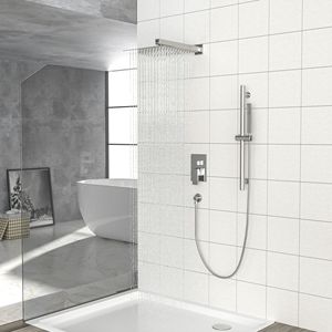 Sistema Doccia Quadrato Regolabile da 10 Pollici, Montaggio a Parete, Set Accessori Bagno in Nichel Spazzolato con Valvola di Ingresso Acqua - Product Image 1
