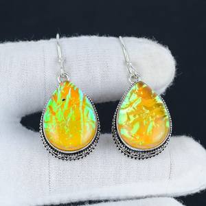 Pendientes de Plata de Ley 925 con Ópalo de Fuego Australiano Triple, Joyería Hecha a Mano, Pendientes Colgantes para Mujer, Venta al por Mayor - Product Image 1