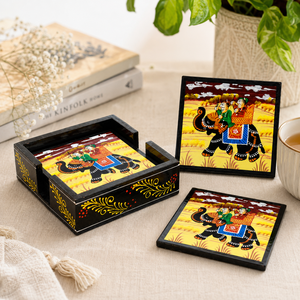Juego de Posavasos Cuadrados de Madera Pintados a Mano con Soporte |   Diseño clásico de elefante, antideslizante y ligero - Product Image 6