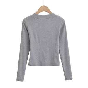 T-shirt Chic Décontracté Vintage d'Été pour Femme, Haut Tricoté Uni à Col U, Manches Longues, Coupe Ajustée, Respirant, Court - Product Image 2