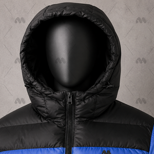 Chaqueta de invierno para hombre, tipo puffer, con cuello alto, capucha, cierre de cremallera, relleno alternativo a plumón, con bolsillo y logotipo personalizado. - Product Image 2