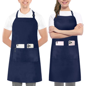 Tablier unisexe en coton bleu marine résistant à l'eau avec poches pour personnel de restaurant, bar, serveurs, en tissu tissé avec fermeture à bouton-pression - Product Image 1