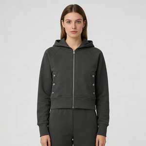 <b>Women's</b> <b>Quarter</b> <b>Zip</b> Hoodie Custom Heavy Weight 400gsm 100% Cotton Cropped Fleece Unisex <b>Sweatshirt</b> - Product Image 5