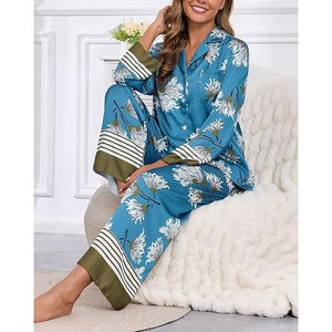 2 Piece Satin Pajama Set Long Sleeve Notch Collar Button Front <b>Pants</b> Side Pockets - Product Image 4