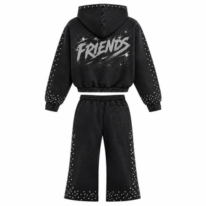 Ensemble sweat à capuche et pantalon imprimé avec strass, unisexe, coupe oversize, style hip-hop, noir, en molleton French Terry - Product Image 6