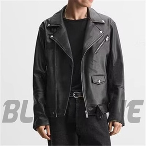 Chaqueta de Motociclista de Cuero PU Negra para Hombre, Cuello Camisero, Cierre de Cremallera, Corte Regular, para Otoño - Product Image 4