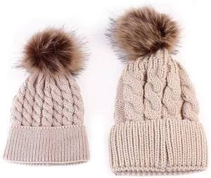 Unisex Black Knit <b>Beanie</b> Hat <b>With</b> Brown Fur <b>Pom</b> <b>Pom</b> Hand Knitted Solid Color Winter Cap For Adults Casual Style - Product Image 5