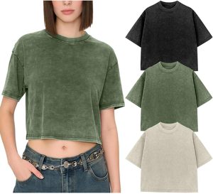เสื้อยืดแขนสั้นคอกลมทรงครอปสำหรับผู้หญิง สีพื้น ทรงหลวม ผ้าฝ้ายฟอก สไตล์ลำลอง สำหรับฤดูใบไม้ผลิและฤดูร้อน - Product Image 1