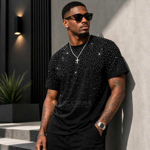 Camiseta Negra Personalizada con Cristales de Imitación para Hombre, Estilo Hip Hop, Cuello Redondo, Algodón, Fabricante OEM, Cosh International - Product Image 4