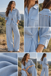 Conjunto de Camisa Azul Claro y Pantalones Anchos con Estampado Dibujado a Mano, Ropa Casual Lavada al por Mayor para B2B, Proveedor en Línea - Product Image 5