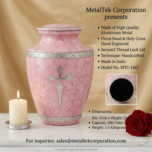 Large Pink Cremation Urn Adult Funeral Memorial Metal Urns for Human Ashes Engraved Silver Holy Cross Marble Finish Printed Jars - Product Image 3