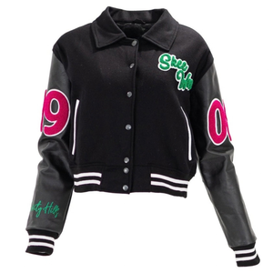 Black Excellence Cropped <b>Varsity</b> <b>Jacket</b> <b>Women</b> Black Embroidered Letterman Bomber Coat Casual Streetwear College Fashion Outer - Product Image 1