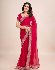 KV <b>Red</b> Embroidered Pre-Draped <b>Saree</b> With Unstitched Blouse - Product Image 2