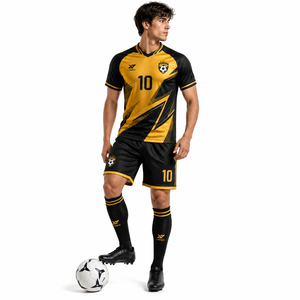 Ensemble de maillots de football personnalisés pour hommes, uniforme de football noir et or, impression par sublimation, manches courtes, maille 100% polyester, équipe - Product Image 4