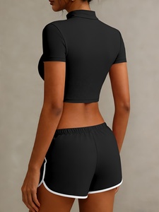 Ensemble crop top côtelé et short cycliste taille haute froncé pour femme – Tenue de sport sexy dos nageur - Product Image 4