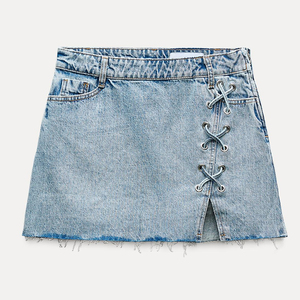 Trendy Women's Mid Waist Knee Length Denim <b>Swing</b> <b>Skirt</b> High Quality Custom Flounced Hem Casual Wear Korean Style Silk - Product Image 5
