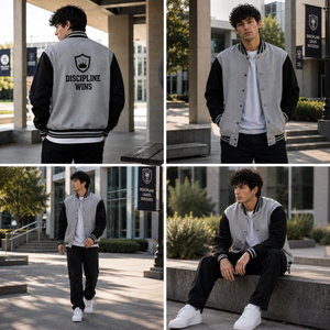 Veste universitaire grise et noire pour homme avec fermeture boutonnée, vêtement décontracté pour l'automne - Product Image 3
