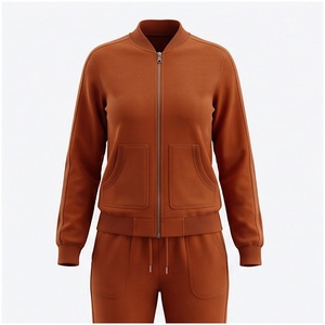 <b>Women</b> 100% Cotton Tracksuit Set Full Zipper Stand Collar Solid Color Midweight Casual Autumn Jogger <b>Sweatpants</b> and Jacket - Product Image 1