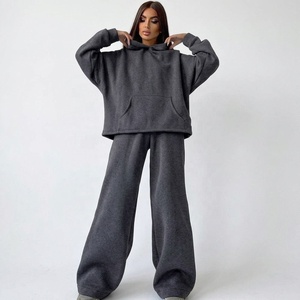 Conjunto de Sudadera con Capucha Larga de Forro Polar Lavanda para Mujer, Ajuste Holgado, Casual, de Dos Piezas, Sudadera y Pantalones de Color Sólido para Invierno - Product Image 3