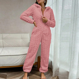 Pijama enterizo con capucha para mujer, de manga larga, color liso, de forro polar tejido, con cremallera, ropa cómoda para estar en casa, ropa de invierno - Product Image 3