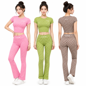 new custom women's <b>set</b> polka dotted short sleeve fitted crop top fold over high waist bootcut flare yoga pants 2026 - Product Image 1