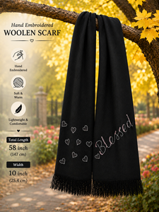 Women's Long Wool Scarf Black Floral <b>Embroidered</b> Rose Pattern Winter <b>Shawl</b> With Fringe Edge Durable Daily Wear - Product Image 3