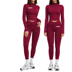 Women's Burgundy 2 Piece Yoga Set Turtleneck <b>Crop</b> <b>Top</b> High Waist Leggings Full Length Seamless Zipper Sweat-Wicking - Product Image 1
