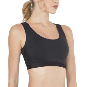 Sujetador deportivo negro para mujer con cuello redondo y espalda cruzada, soporte medio, panel de malla transpirable, top de yoga y entrenamiento, diseño sin costuras de color liso - Product Image 4