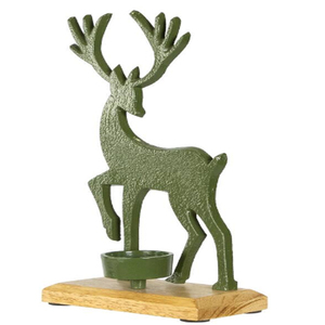Northlight Green Reindeer Metal Christmas <b>Tealight</b> <b>Holder</b> With Mango Wood Base - Product Image 1
