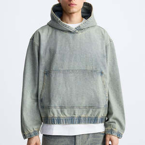 Design personnalisé Denim Hoodies Y2K Streetwear Boxy Fit Oversized Pullover Sweatshirt Lourd Cropped Hoodie - Product Image 1