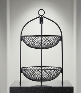 Panier de rangement moderne à 2 niveaux en treillis métallique noir pour fruits, avec poignée supérieure, bol en métal ouvert à deux couches, support de cuisine - Product Image 1