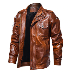 Chaqueta de Motociclista para Hombre, de Cuero Vacuno Genuino Marrón, con Cuello Camisero, Cierre de Cremallera, Corte Regular, Estilo Otoñal - Product Image 1