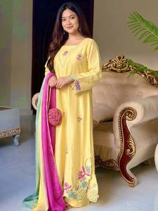 Traje de boda indio-pakistaní para mujer, largo hasta el tobillo, de seda H.O., con bordado de lentejuelas multicolor, top, pantalón palazzo y dupatta. Envío rápido. - Product Image 1