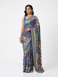 Devi Fashions Traditional Indian Silk <b>Saree</b> <b>Women</b> Blue Green Printed Floor Length Wedding Wear Regular Fit Wrinkle Free Quick - Product Image 2
