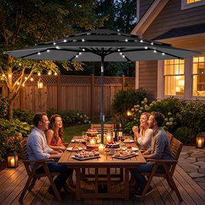Ombrellone a braccio a 3 livelli con LED solari per esterni, con manovella inclinabile, nero - Product Image 2