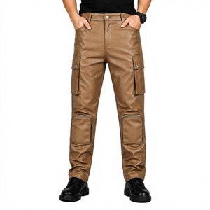 Men's Brown PU Coated <b>Cargo</b> <b>Pants</b> High Waist Multiple Pockets Workwear Style Breathable Midweight Straight Fit Autumn Wear - Product Image 1