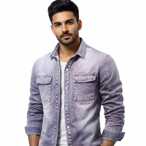 Chemise en jean vintage 2025 pour homme, décontractée, couleur unie, manches longues, effet délavé - Product Image 1