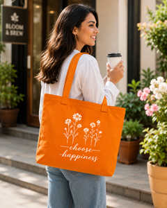 Bolsa de Tela con Diseño Floral 'Choose Happiness', Color Naranja, Estilo Minimalista, para Todas las Temporadas - Product Image 4