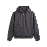Sweat à capuche zippé vintage en faux daim délavé pour homme, coupe lourde, brodé, épaules tombantes, style streetwear