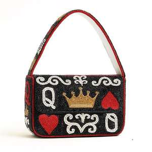 Bolso de hombro con corona de reina de corazones y cuentas, cartera de noche con solapa de cuentas negras para mujer, ideal para fiestas y banquetes, a bajo precio. - Product Image 1