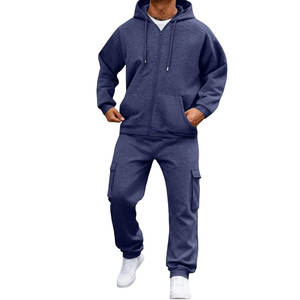 Men's <b>Purple</b> Hooded Tracksuit Solid Color Full Zipper Casual Sweatshirt and Cargo Pants Set Breathable Regular Fit Autumn Wear - Product Image 2