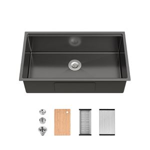 Lavello da cucina artigianale 33x19 a vasca singola in acciaio inox spazzolato, da incasso, con tagliere e scolapiatti, 1 foro, per uso laboratorio - Product Image 1