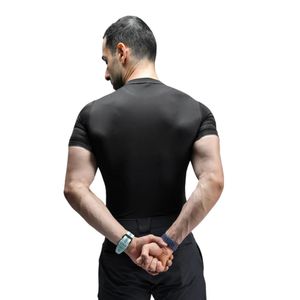 T-shirt à manches courtes pour homme, noir, coupe ajustée, col rond, extensible, pour entraînement sportif, gym, course à pied, vêtements de sport décontractés - Product Image 6